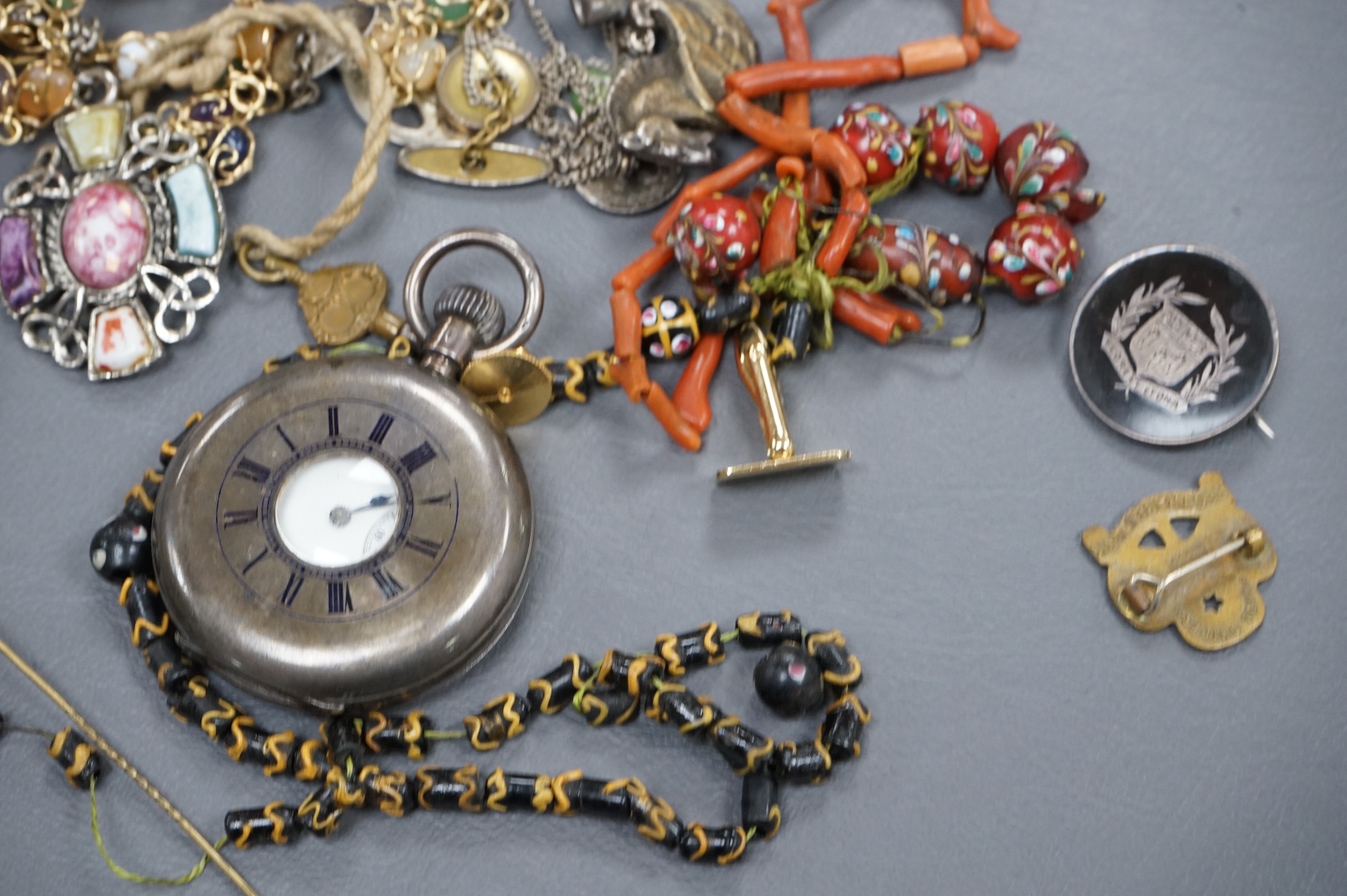 Group of mixed costume jewellery and other items including a George IV mourning brooch and a Swiss 935 standard white metal silver half hunter keyless pocket watch.